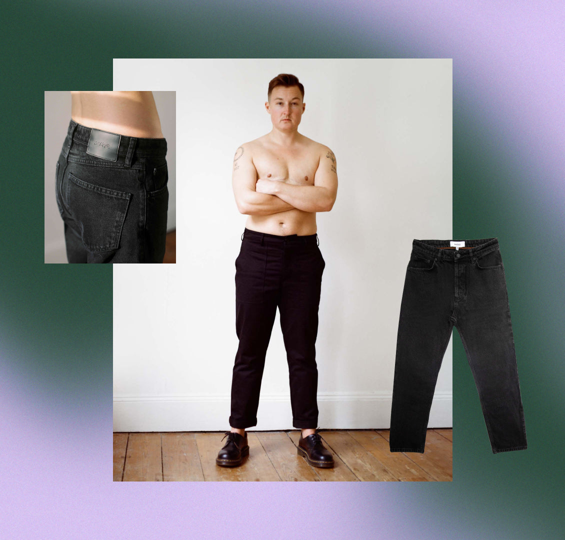 Collage of transmasc model in black pants