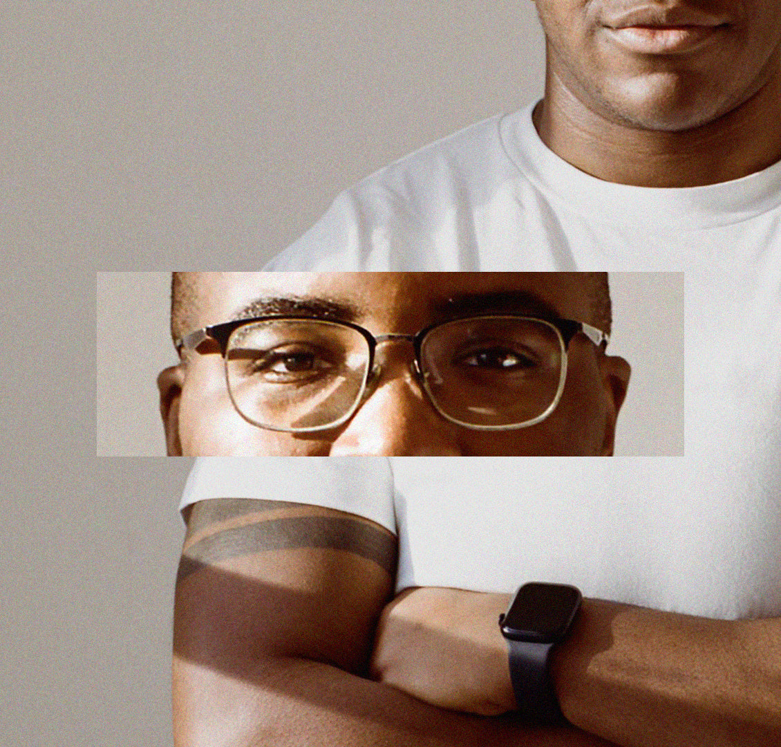 Collage of black transmasc person with glasses