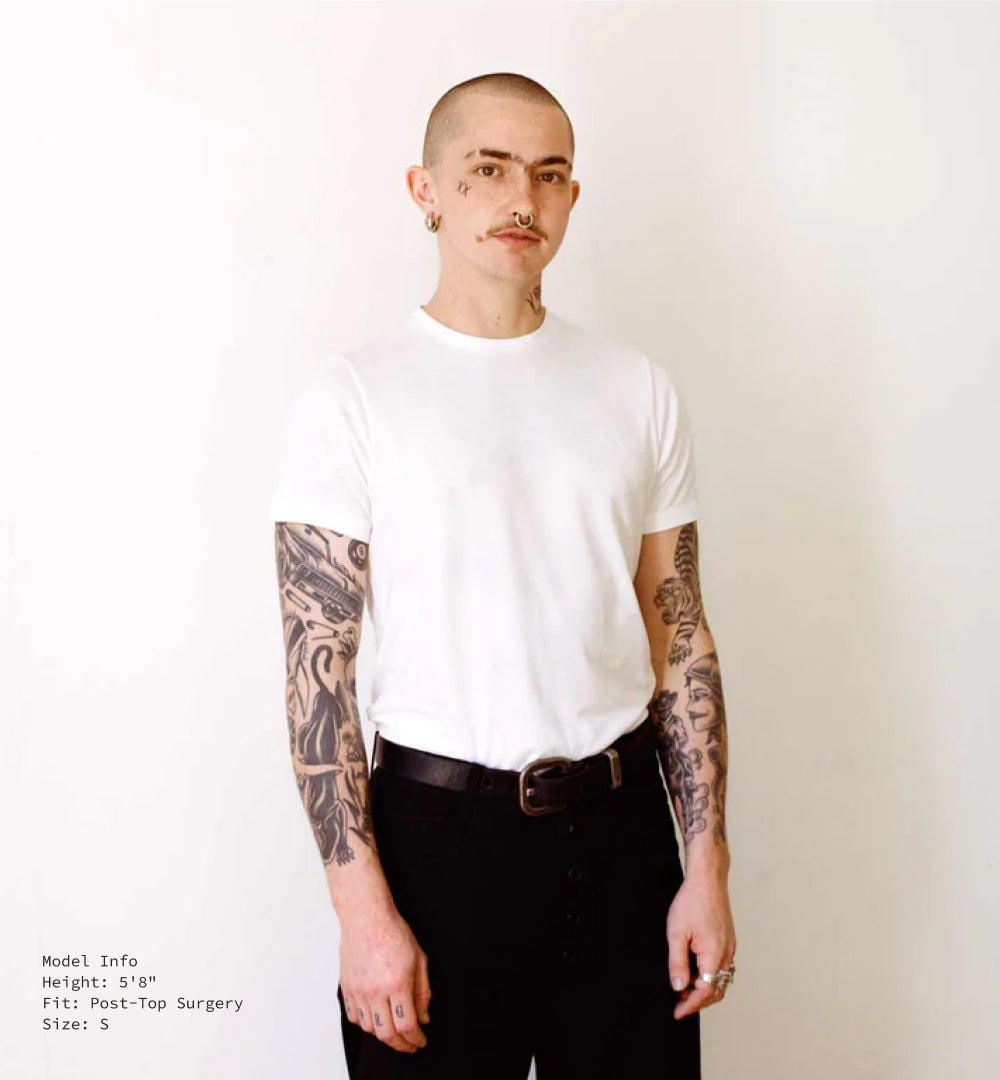 5'8" model, post-top surgery, in white S jude shirt