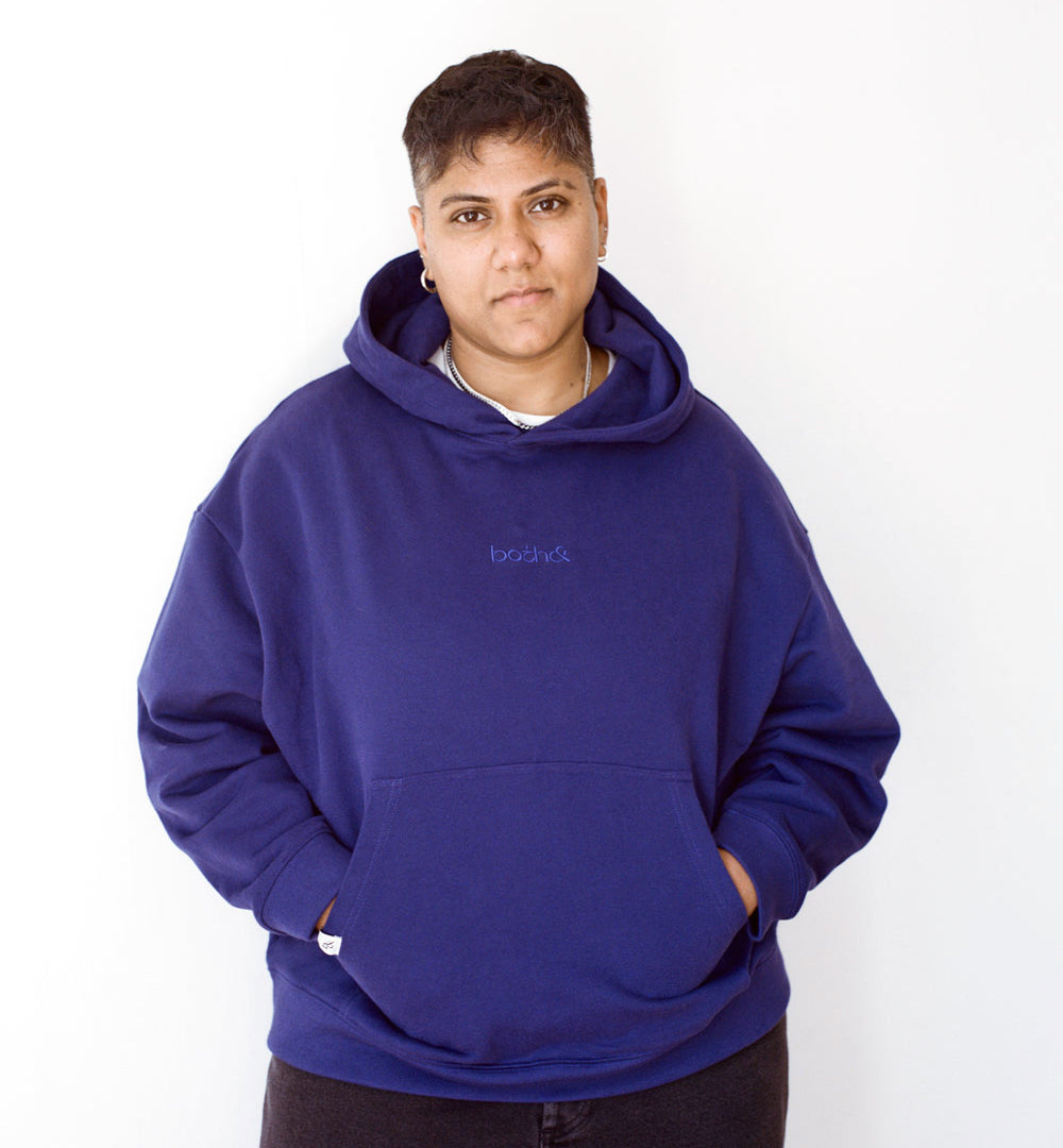 Model with royal blue hoody