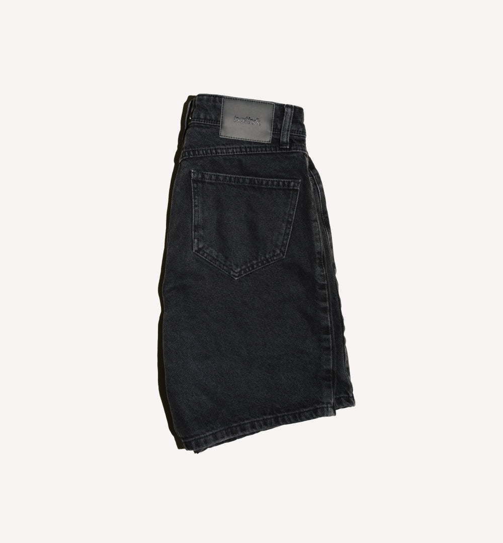 Packshot of black denim shorts
