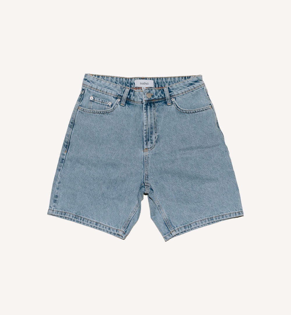 Packshot of light blue denim shorts