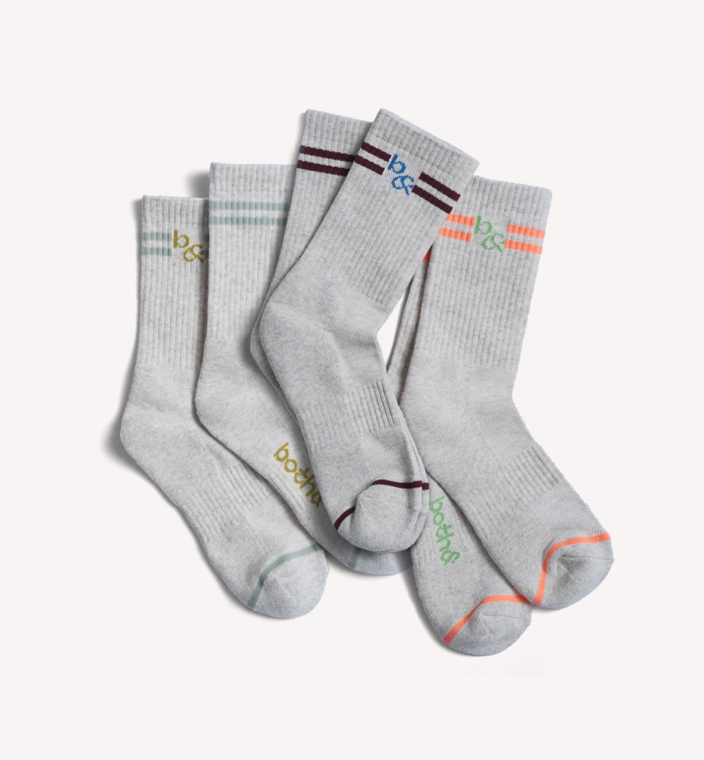 Three pair bundle of vintage stripe calf socks in light grey, a pair with grey stripes, a pair with maroon stripes, a pair with neon orange stripes
