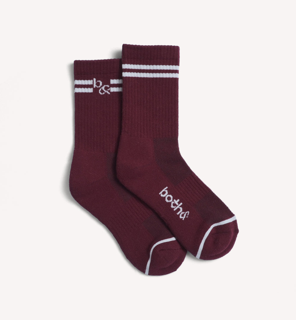 Single pair of vintage stripe calf socks, in cranberry red and white stripes, with Both& logo details