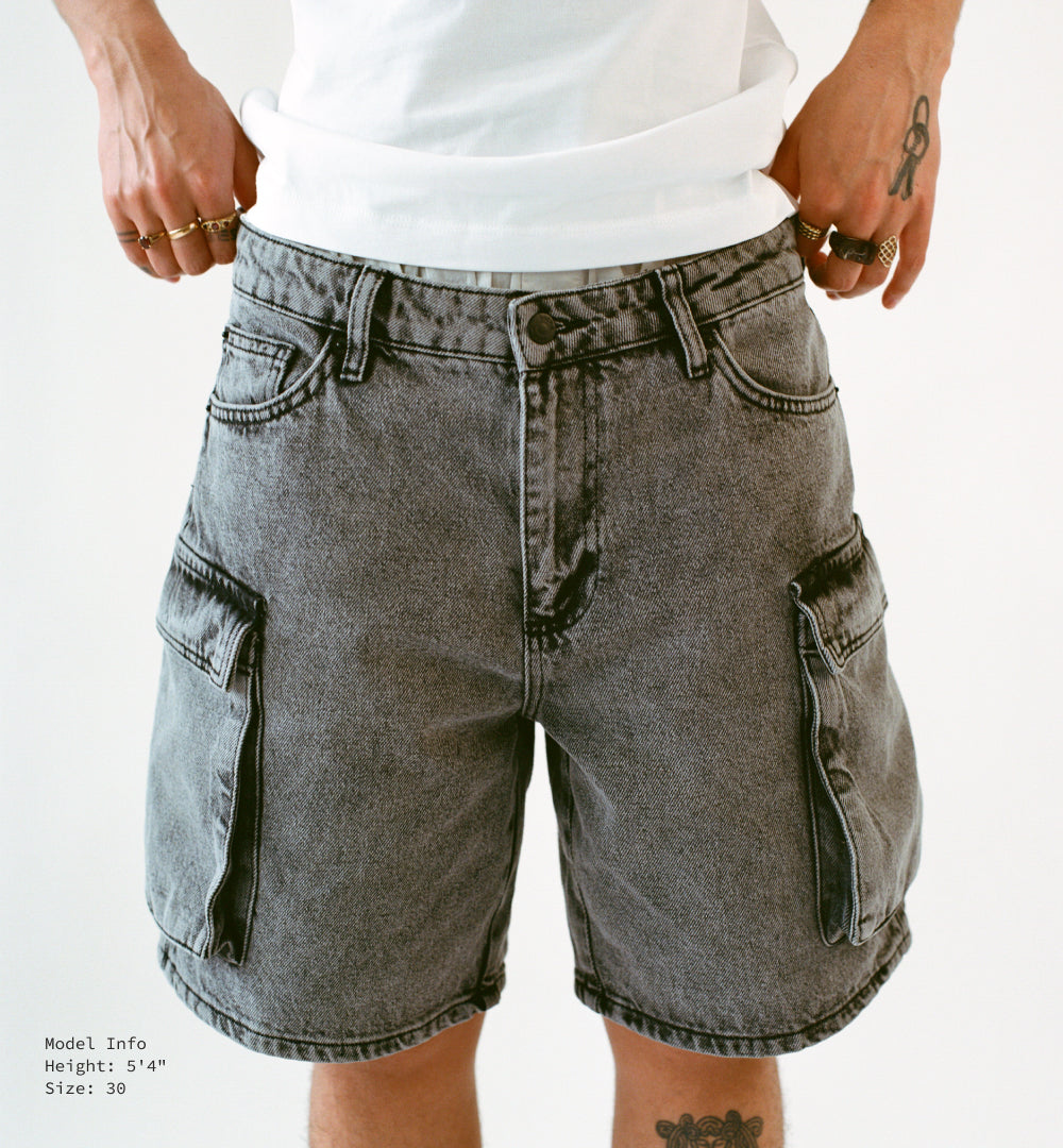 Acid grey cargo denim shorts